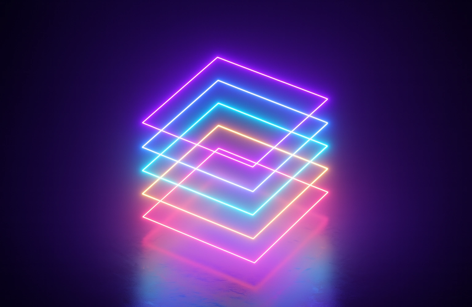 Animierte, leuchtende Neon-Quadrate, die einen modernen Datenstack oder eine Datenplattform symbolisieren.