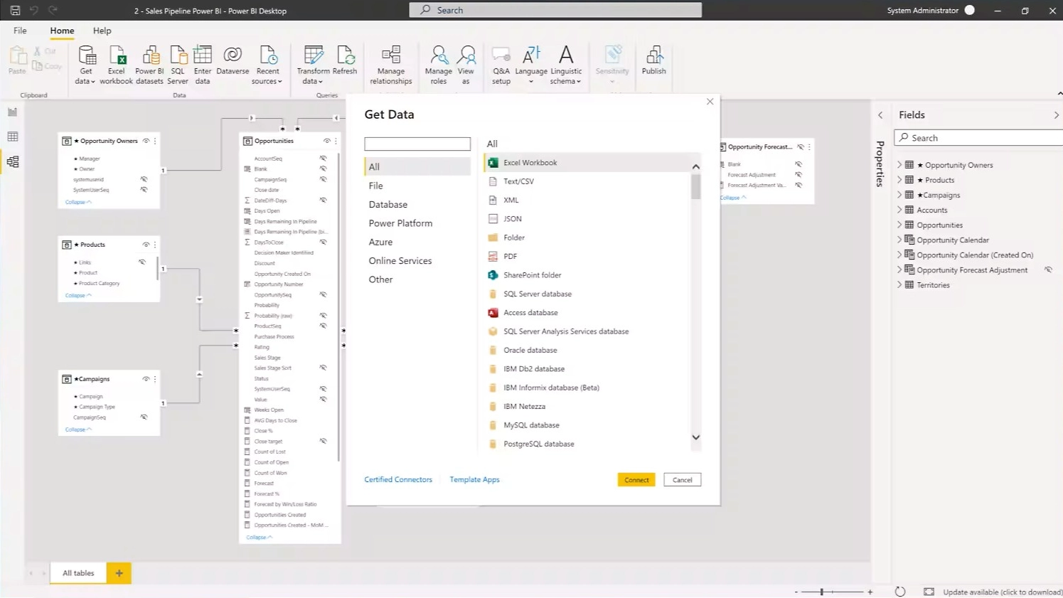 Das "Daten abrufen"-Fenster in Power BI, das die Vielzahl an verfügbaren Datenquellen wie Excel, SQL und Azure-Dienste zeigt.
