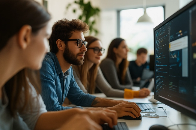 Ein diverses Team von Fachexperten arbeitet konzentriert an Computern in einem modernen Büroumfeld.