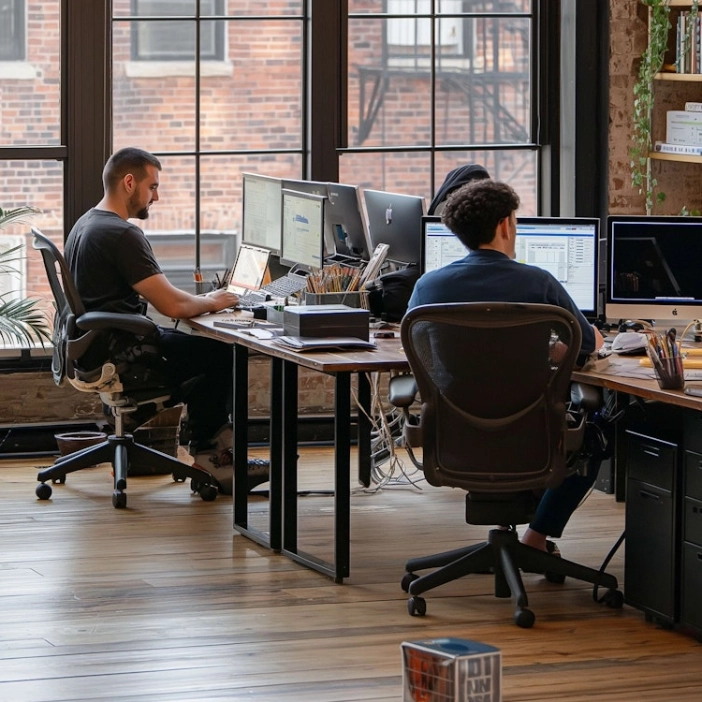 Zwei Teammitglieder arbeiten partnerschaftlich an ihren Schreibtischen zusammen.