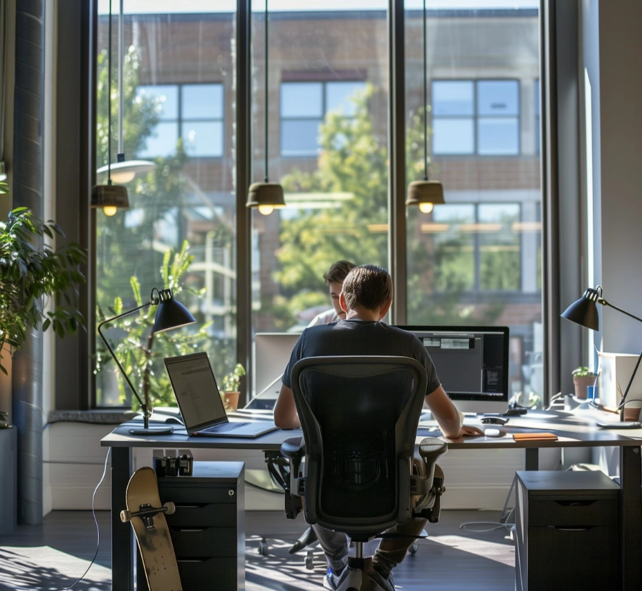 Ein Entwickler arbeitet konzentriert an einem Laptop in einem modernen, hellen Büro, was Professionalität symbolisiert.