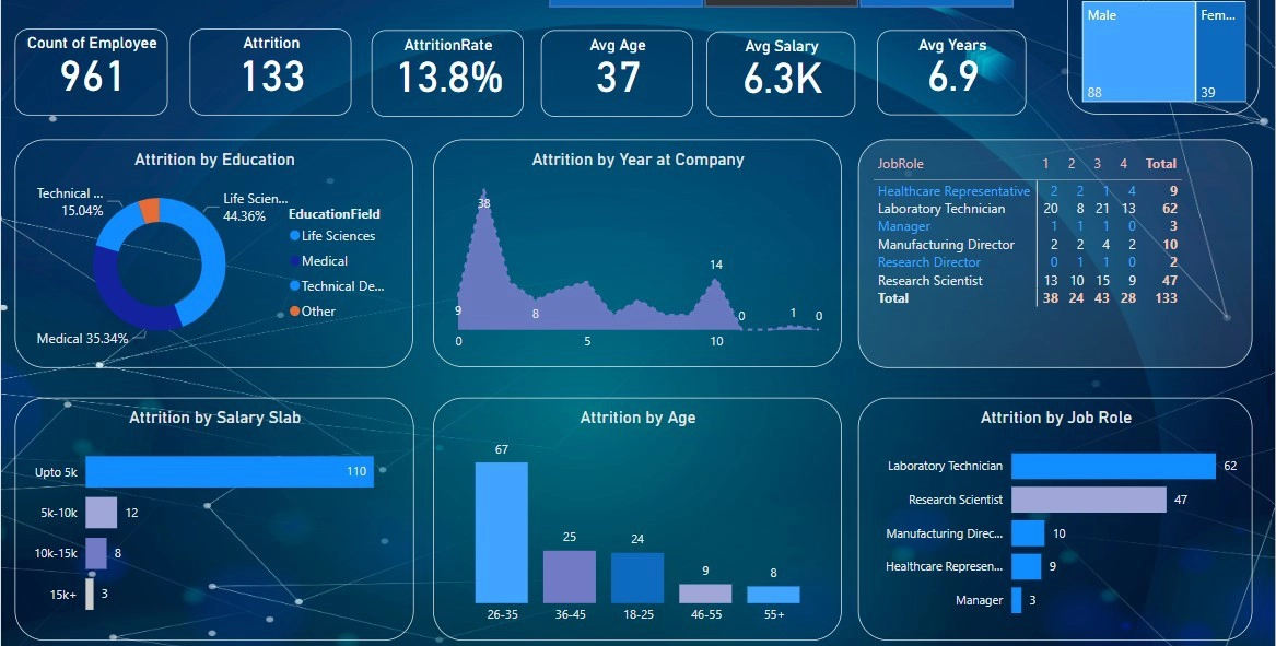 Beispiel eines interaktiven Power BI Dashboards, das verschiedene Geschäftskennzahlen (KPIs) und Diagramme zur Datenanalyse anzeigt.