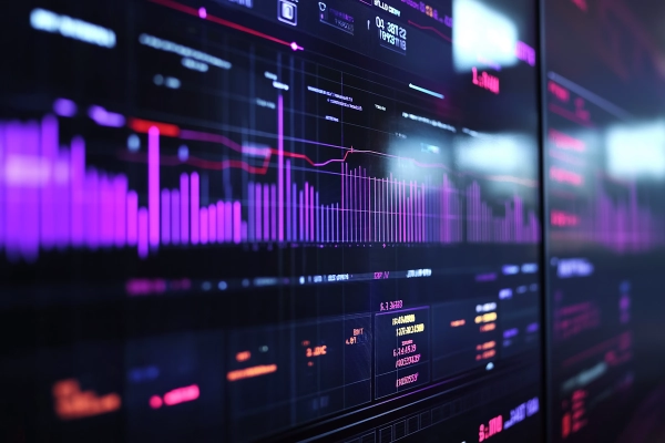 Seitliche Nahaufnahme eines futuristischen Analyse-Dashboards. Es zeigt leuchtende Balken- und Liniendiagramme in lila und rot auf einem dunklen Bildschirm, die komplexe Datenvisualisierung symbolisieren.