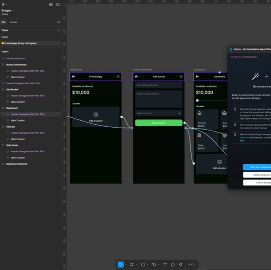 Ein UI/UX-Design in der Software Figma, das den User-Flow und die verschiedenen Bildschirme einer mobilen Applikation darstellt.