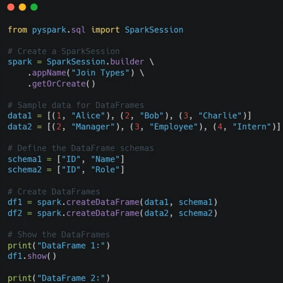 PySpark Code-Beispiel, das die Erstellung und Anzeige von zwei DataFrames mit Beispieldaten für IDs, Namen und Rollen zeigt.
