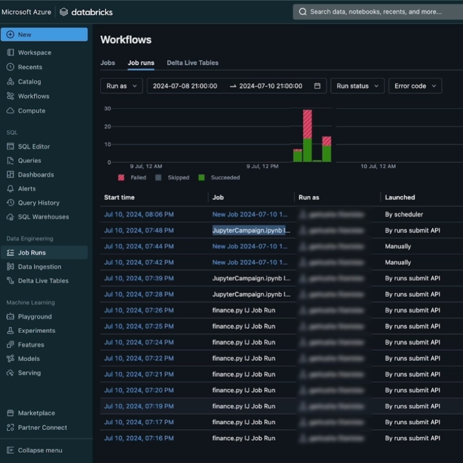 Die 'Job Runs' Benutzeroberfläche in Azure Databricks, die den Status von ausgeführten Datenverarbeitungs-Jobs in einer Liste anzeigt.