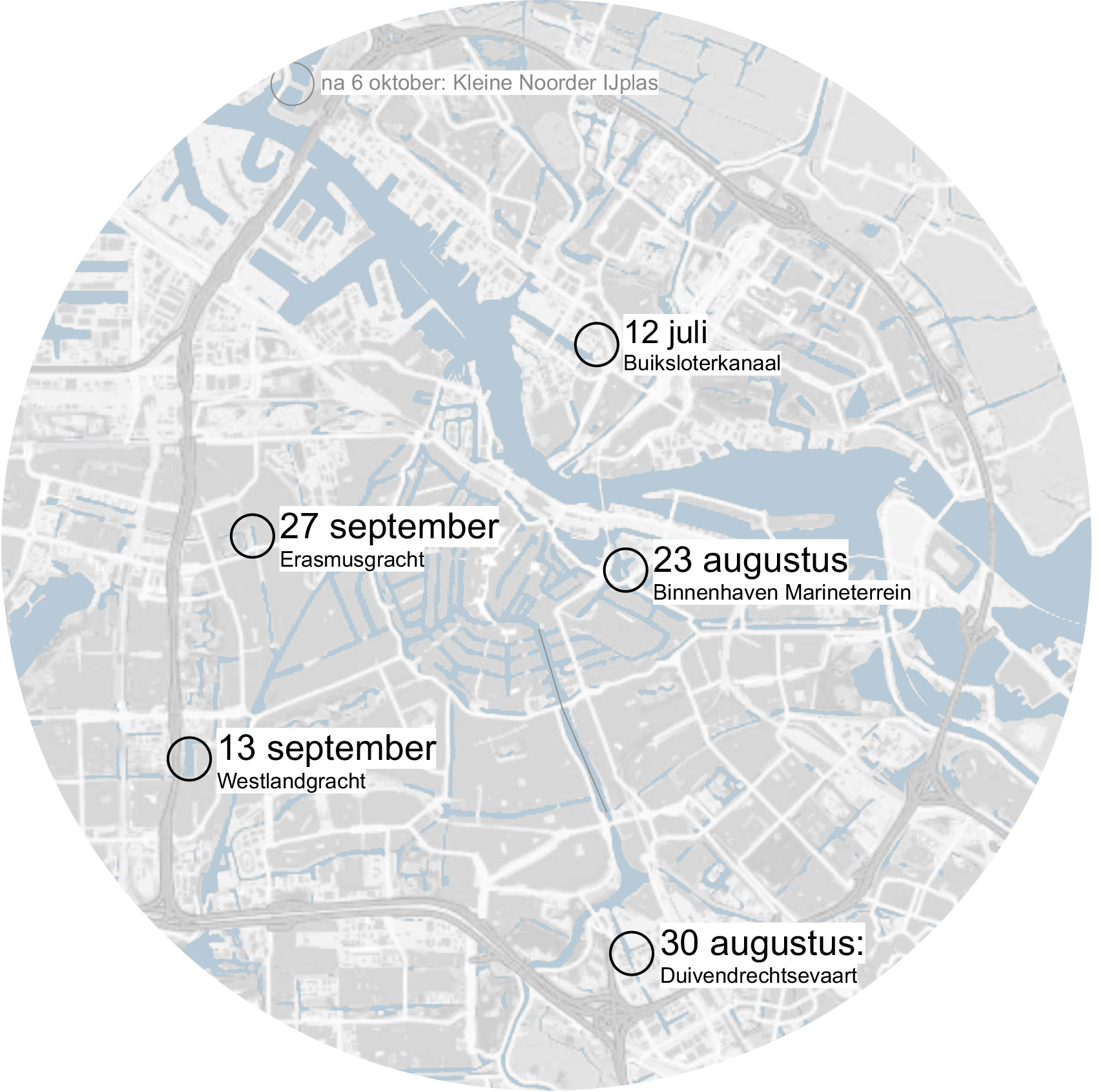Kaart van Amsterdam met de locaties van de Waterkaravaan Tuinfestival