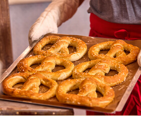 A tray of freshly baked Ben's Soft Pretzels
