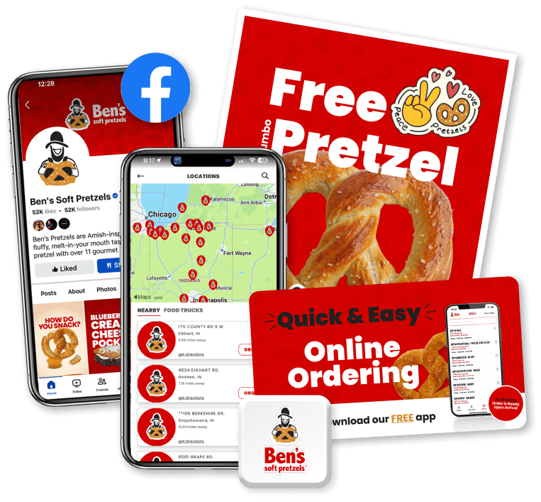 A sample of marketing materials from Ben's Soft Pretzels
