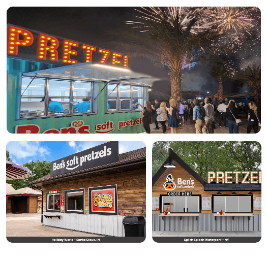 A collage featuring some of Ben's Soft Pretzel locations inside attraction parks