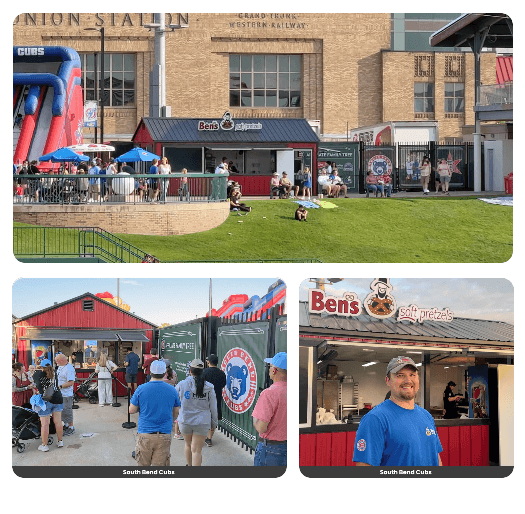 A collage featuring the Ben's Soft Pretzels store at Four Winds Field, South Bend Cubs, South Bend IN