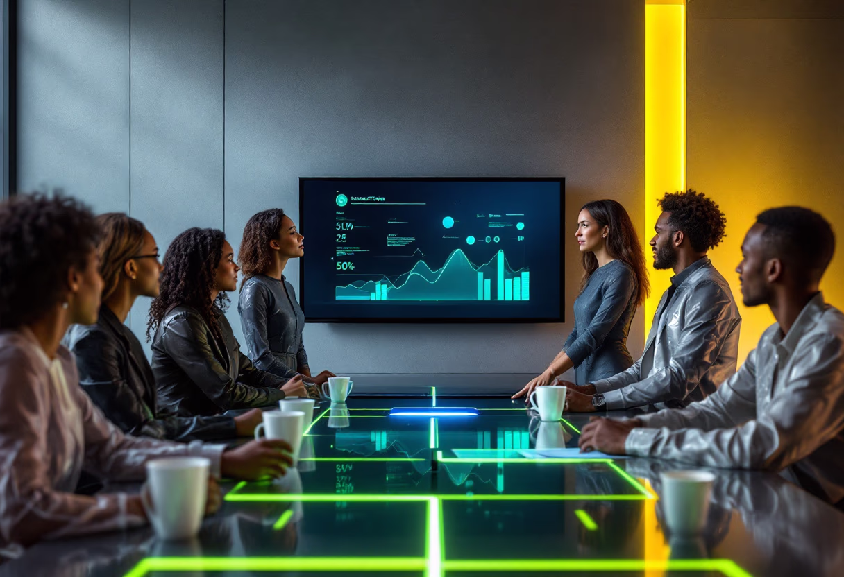 image of professionals discussing strategy around a smart board