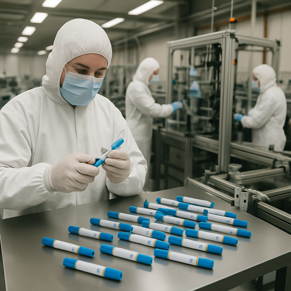 Worker in protective clothing and mask assembling blue and white medical devices on a stainless steel table in a sterile manufacturing environment.