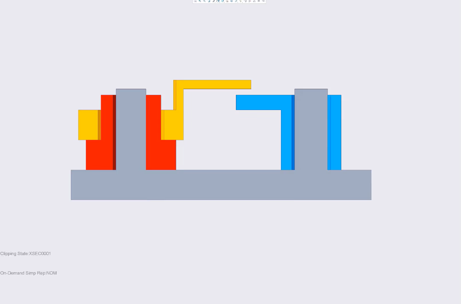 Simplified CAD sectional view of a mechanical assembly with red and blue components connected by yellow linkages on a gray base.