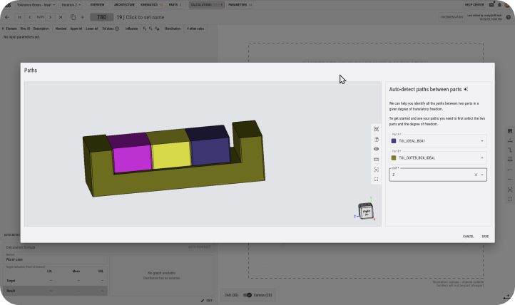Software interface displaying a 3D model of an assembly with colored parts and an auto-detect paths tool panel on the right.