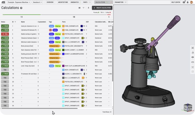 CAD software interface displaying engineering calculations and a 3D model of an espresso machine.
