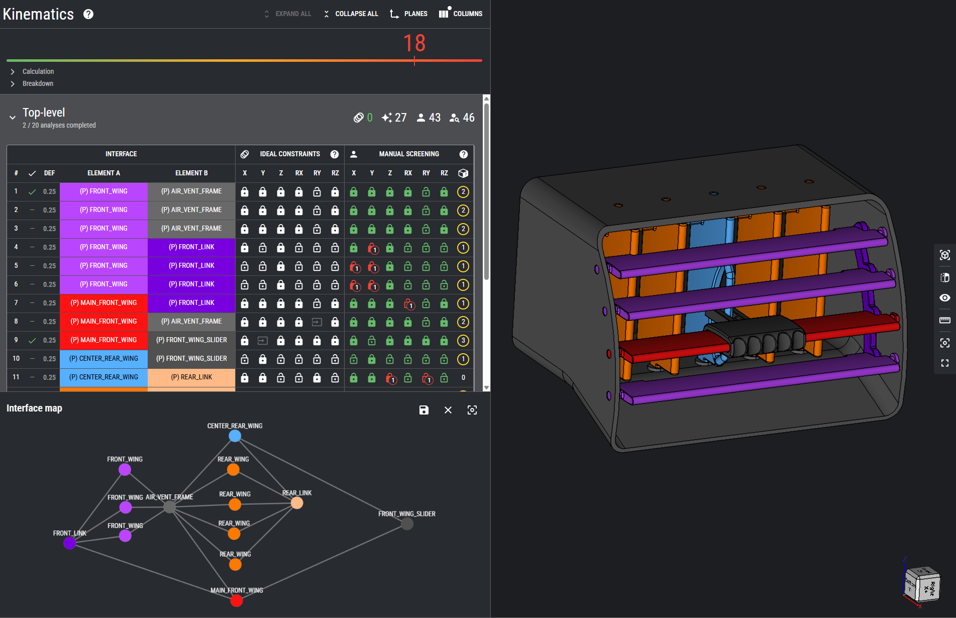 3D CAD model of an air ventilation component with purple, red, blue, and orange internal structural elements, alongside a detailed kinematics interface analysis table and interface map diagram on a dark user interface screen.