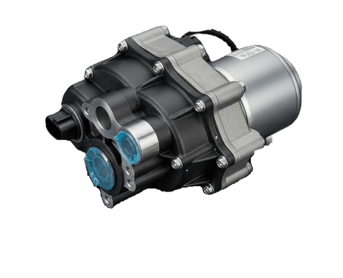 Close-up of a black and silver electric motor component with blue protective caps on some openings against a black background.