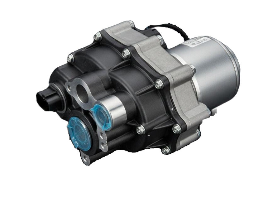 Close-up of a black and silver electric motor component with blue protective caps on some openings against a black background.