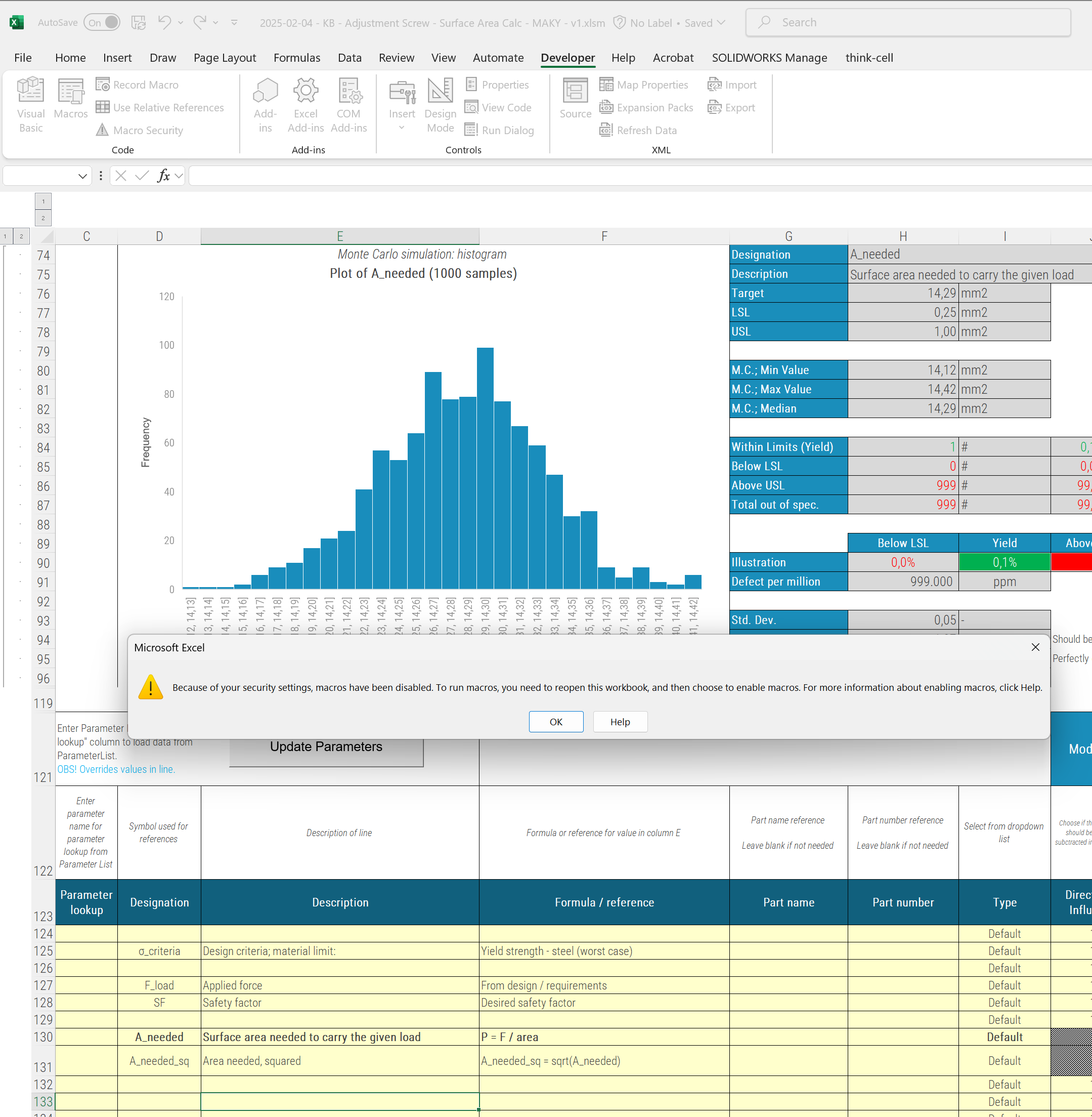 Excel spreadsheet displaying a Monte Carlo simulation histogram of A_needed with frequency bars and a data table showing design parameters, statistical values, and defect rates.