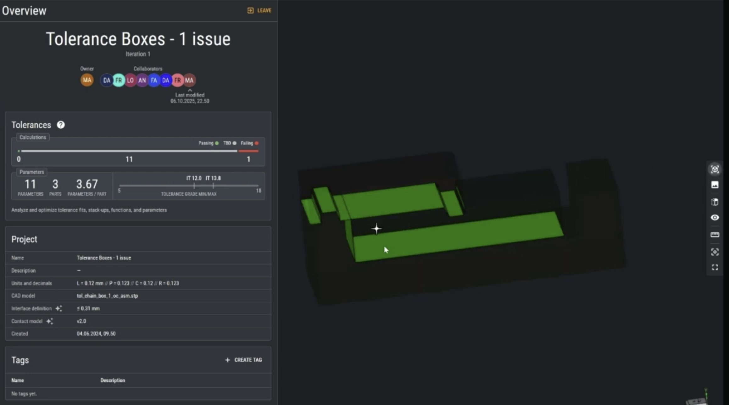 3D CAD model with tolerance analysis showing one issue in green tolerance boxes and project overview details on the left panel.