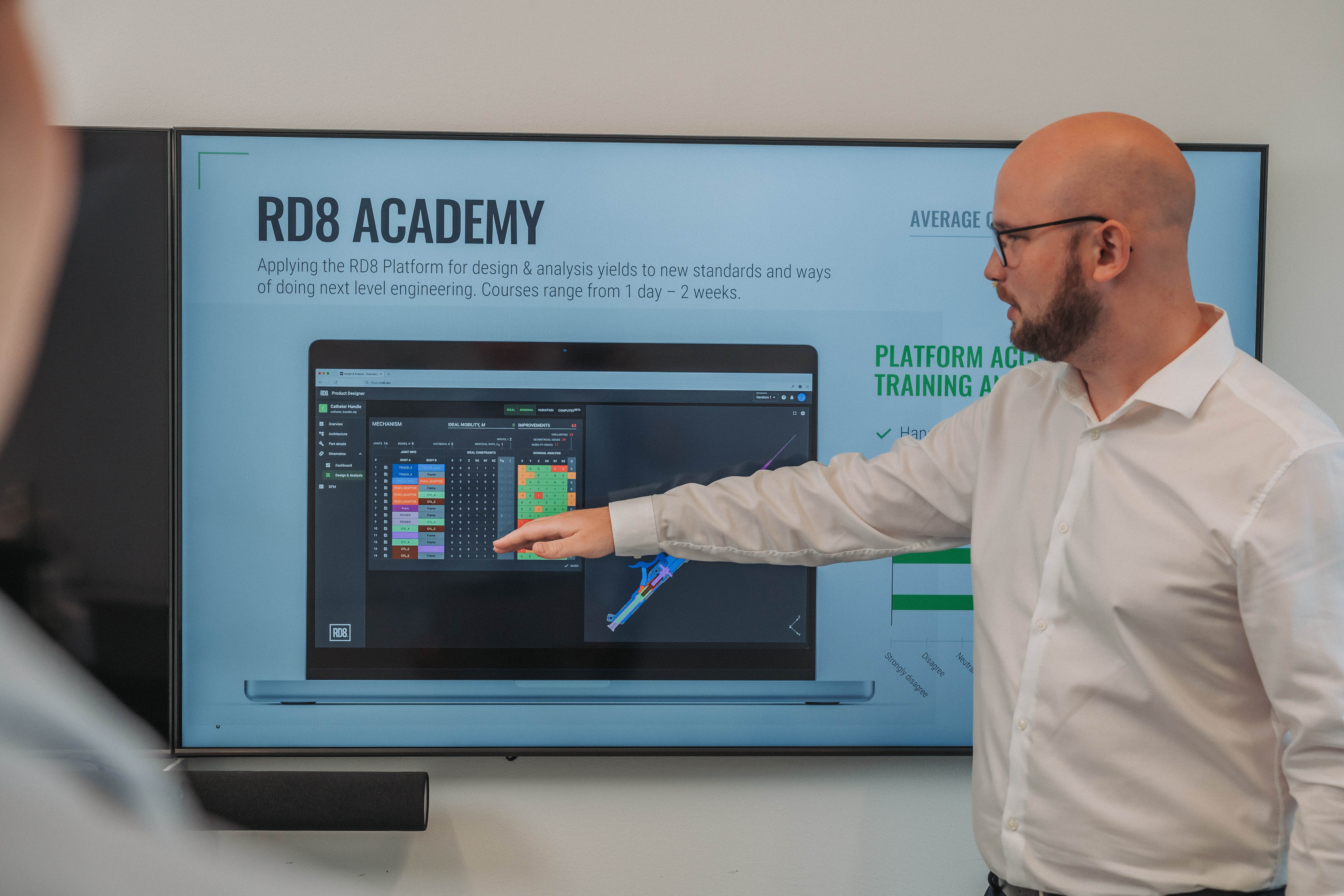 Man in glasses and white shirt pointing at a large screen showing RD8 Academy software with design and analysis interface.