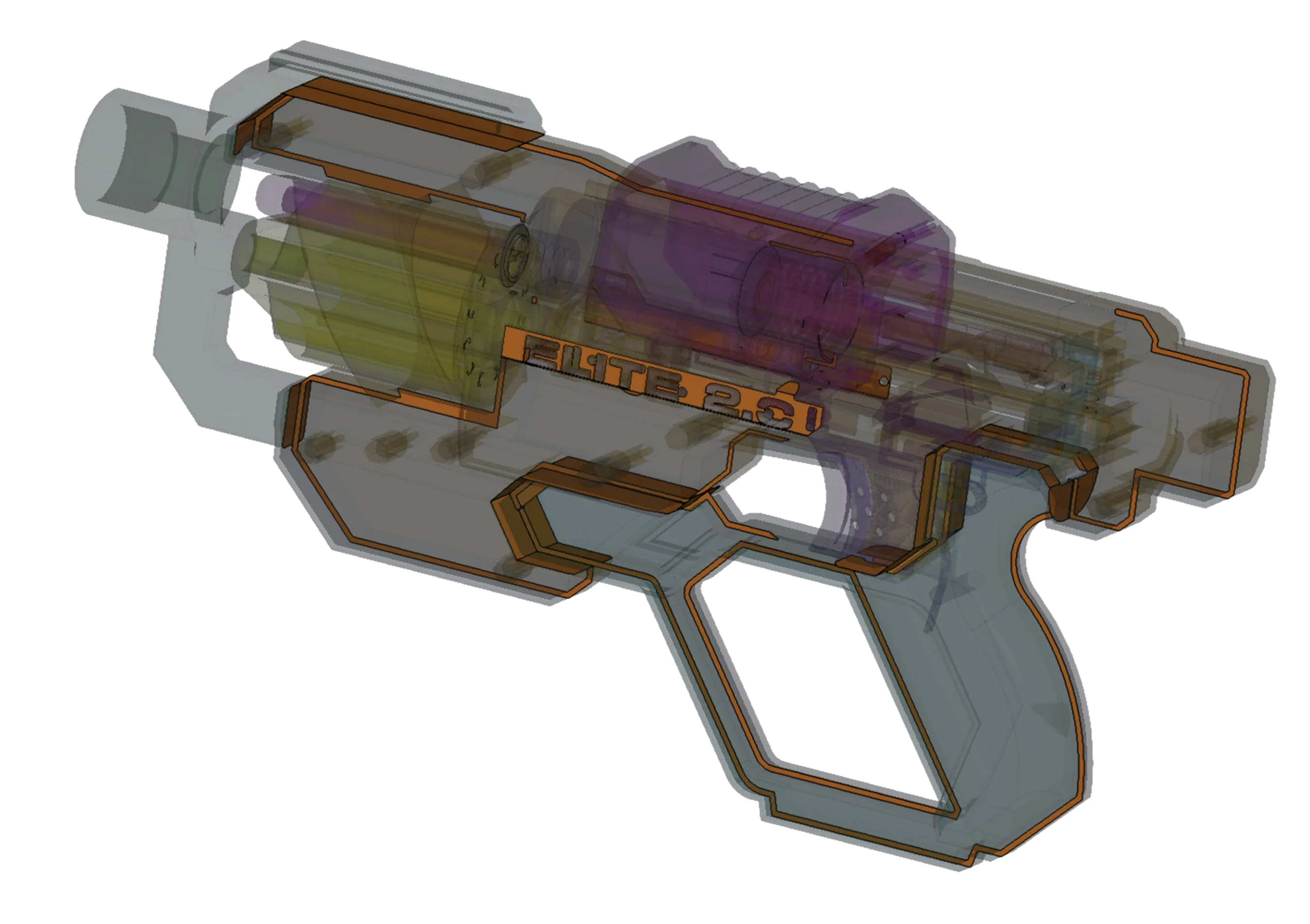 Transparent x-ray style view of a Nerf Elite 2.0 toy blaster showing internal mechanisms and components.