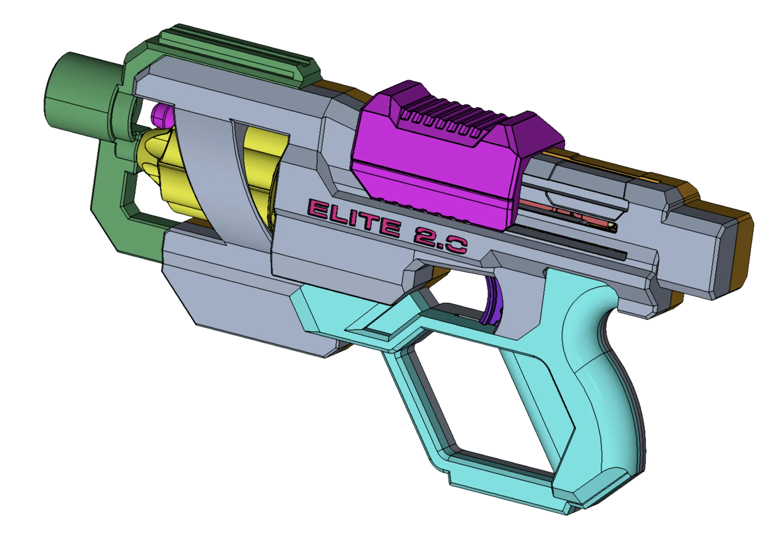 3D model of a colorful toy gun labeled 'ELITE 2.0' with a purple top attachment, yellow barrel, and turquoise grip.