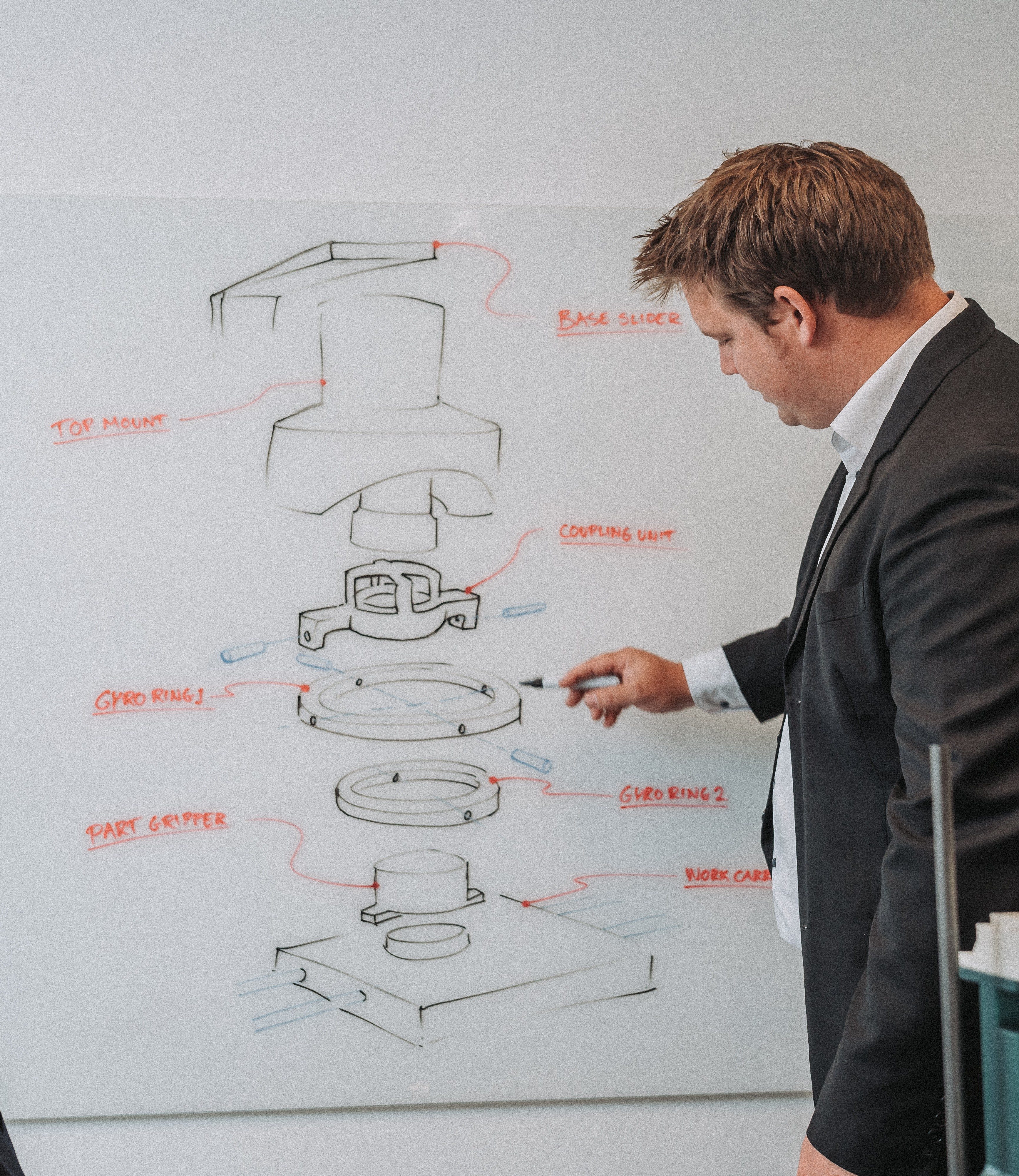 Man in business attire pointing at technical diagram with labeled mechanical parts on a whiteboard.