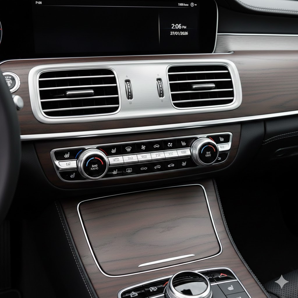 Close-up of a modern car dashboard featuring dual air vents, digital climate controls, and wood grain trim.