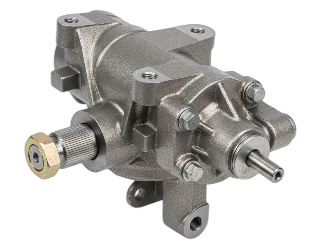 Close-up of a metallic automotive steering gearbox component with mounting holes and a protruding shaft, isolated on black background.