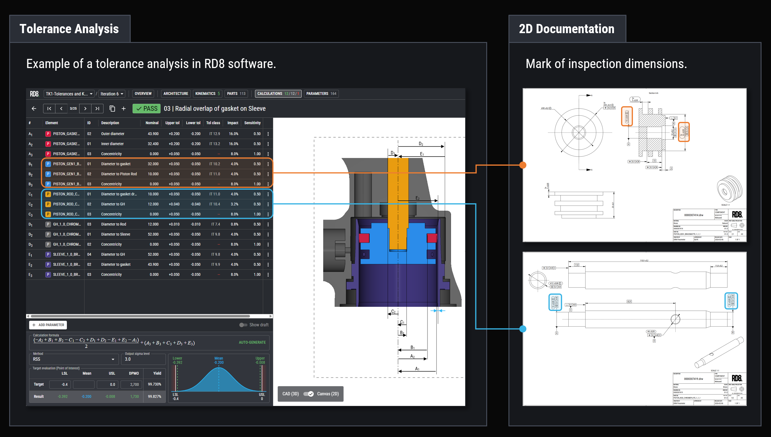 Screenshot showing tolerance analysis of gasket overlap in RD8 software with corresponding 2D technical drawings linked by colored lines.