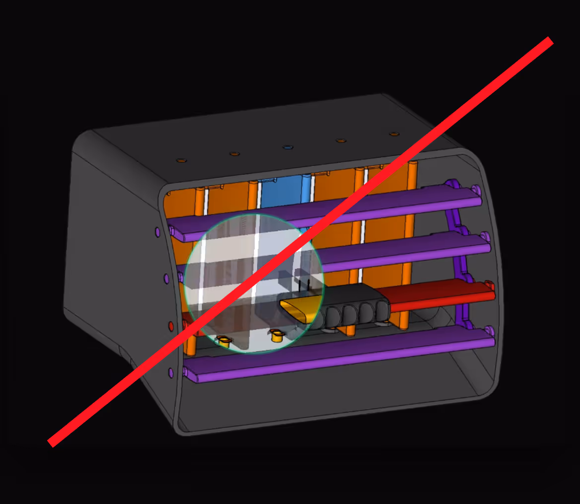 3D model of an electronic connector box with colored internal components crossed out by a red diagonal line.