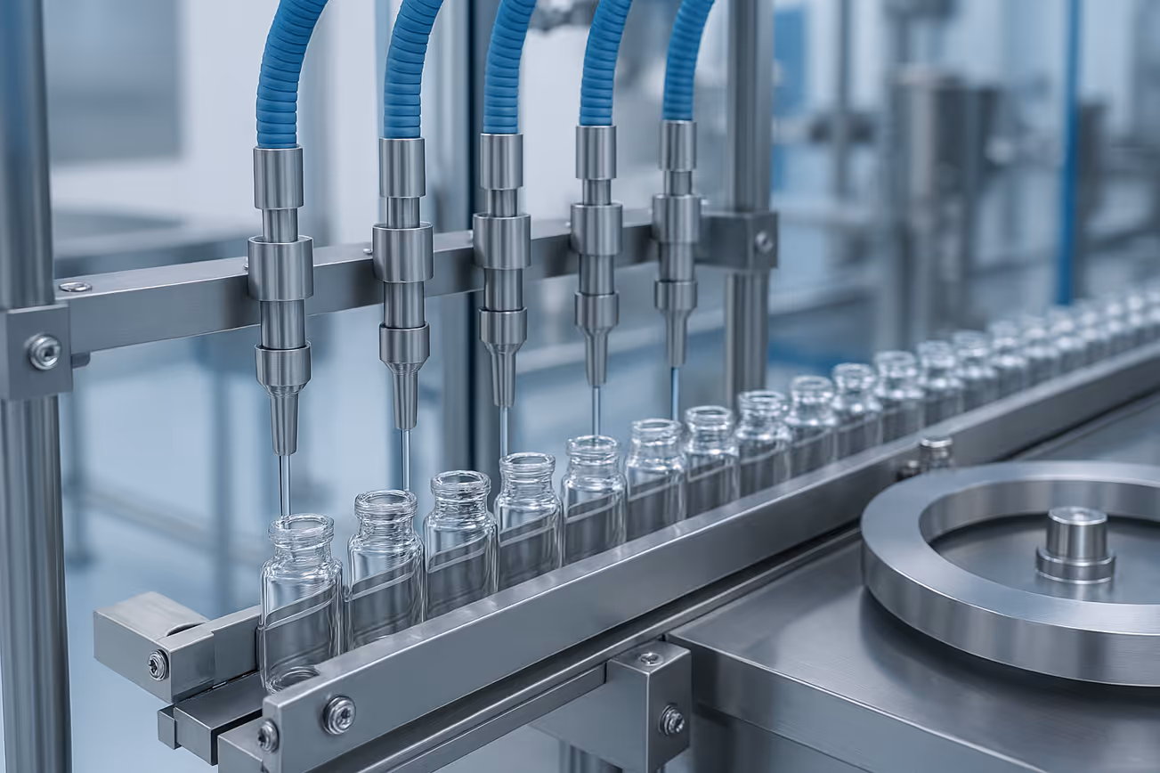 Automated machine filling multiple small glass bottles with liquid along a production line.