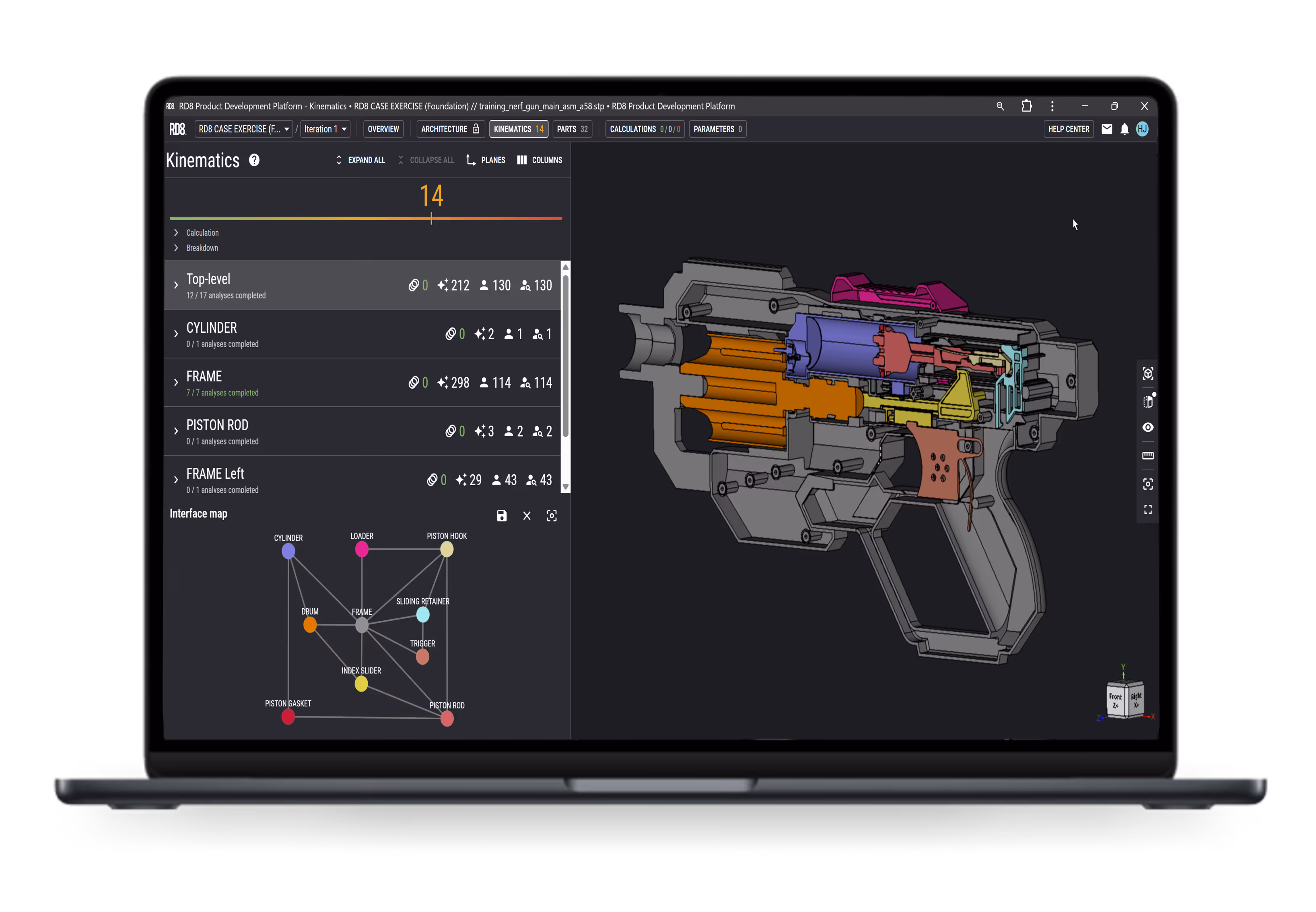 Laptop screen displaying RD8 software with a multicolored 3D model cutaway of a nerf gun and kinematics analysis interface.