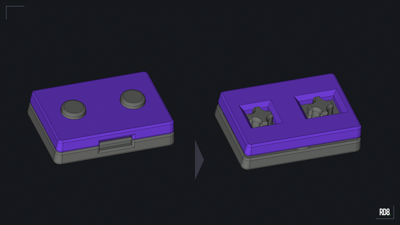Comparison of two mechanical parts with highlighted areas showing different kinematic indexes, one with orange and the other gray with green highlights, accompanied by a kinematic index scale marked at 5.