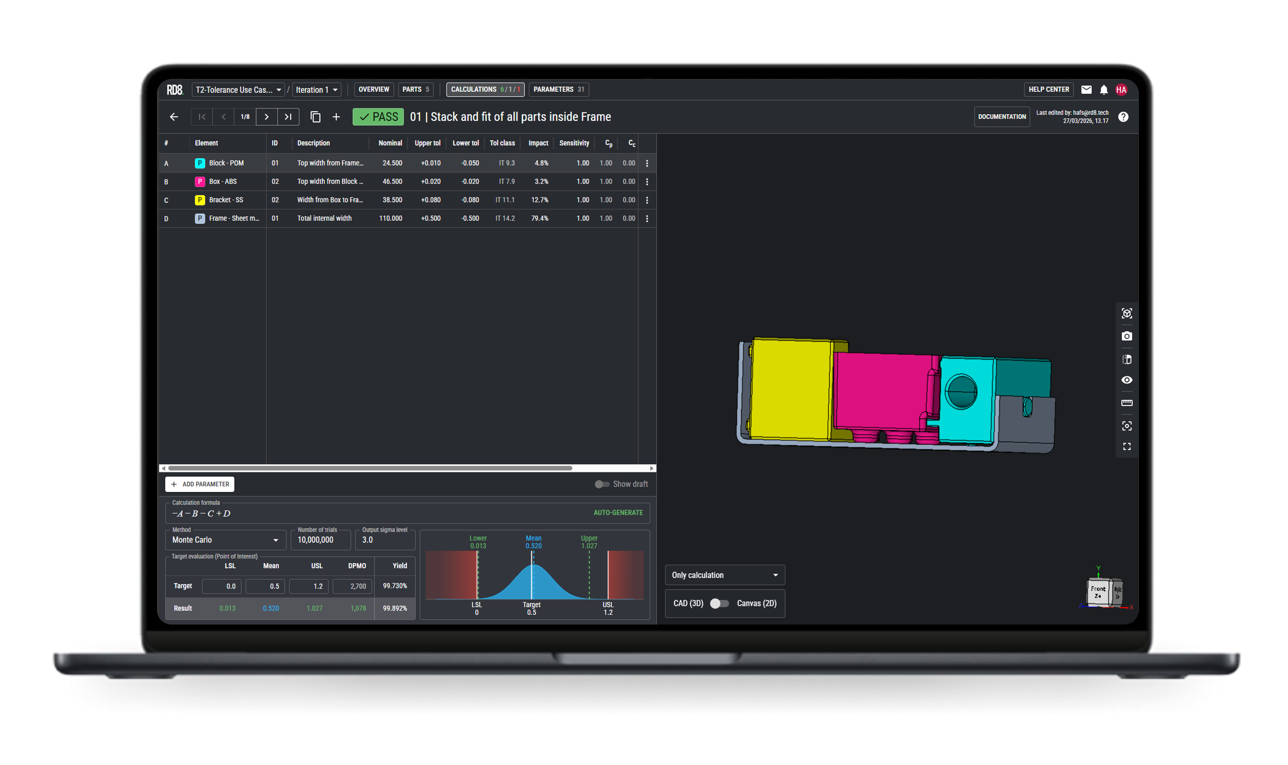 Laptop screen showing software interface with tolerance stack calculations and a 3D CAD model of colored parts aligned inside a frame.