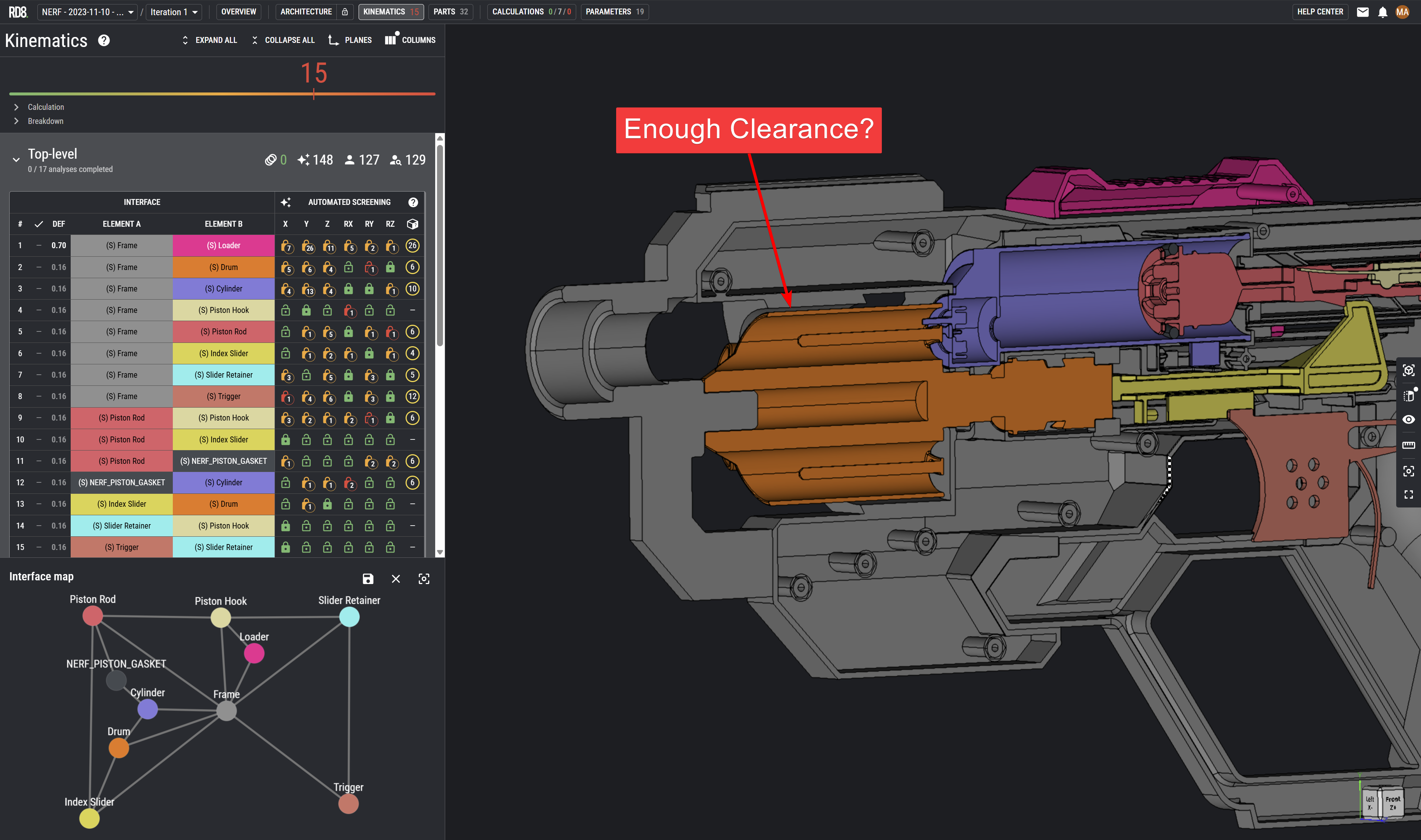 3D CAD model of a Nerf blaster's internal components highlighting the clearance area near the barrel with text 'Enough Clearance?'