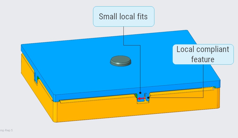 Software interface displaying tolerance analysis with simulation deflection results, dimensional data table, and 3D model schematic.