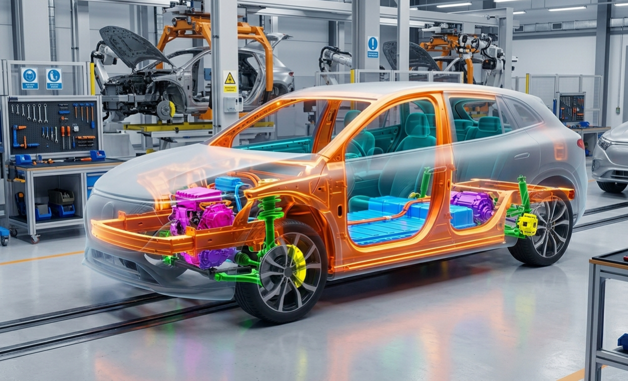 Electric car chassis with highlighted internal components in a factory setting.