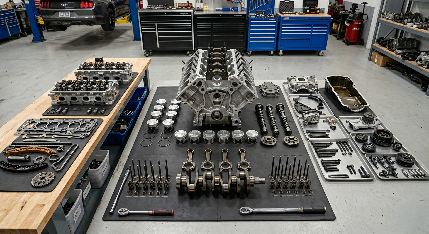 Disassembled car engine components neatly arranged on worktables in a clean garage with a car on a lift in the background.