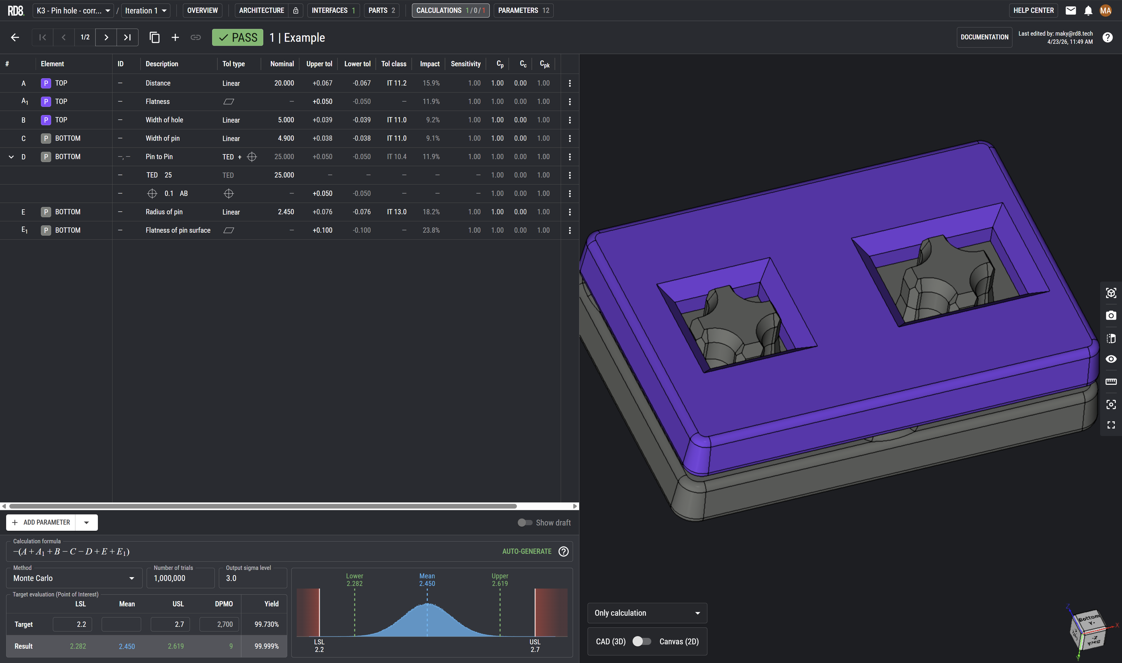 Simulation interface showing pin hole tolerance results with a 3D CAD model on the right side.