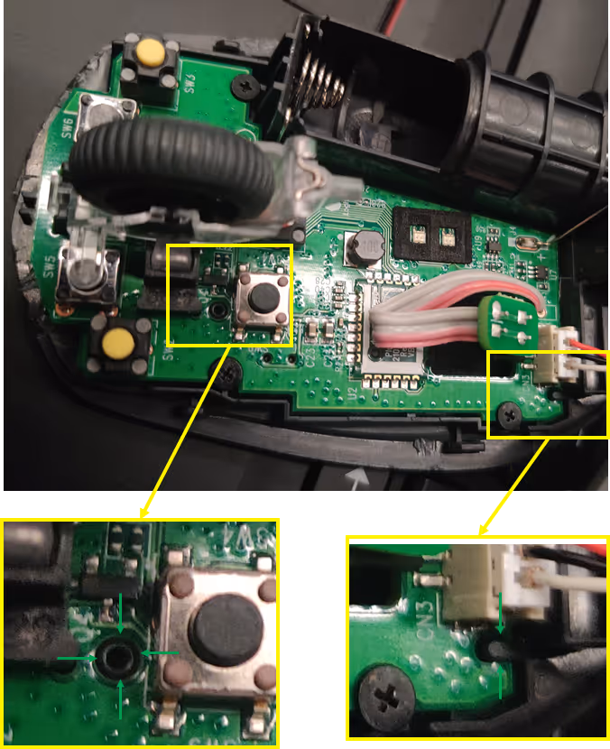 Interior view of a computer mouse circuit board highlighting a button and a connector with detailed close-ups.