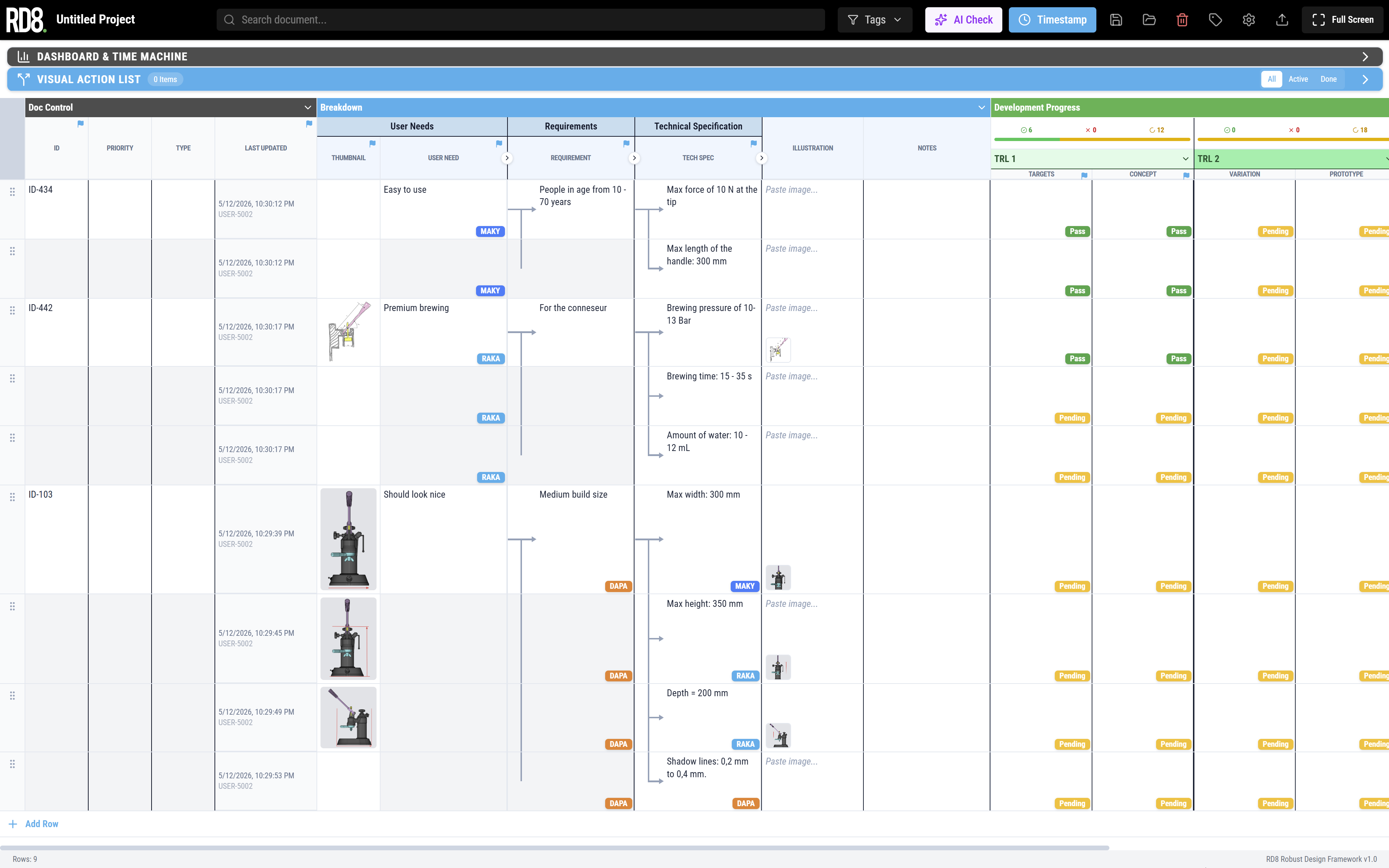 Laptop displaying a software interface showing a list of mechanical tolerances with status indicators and a 3D model of a mechanical component on the right.