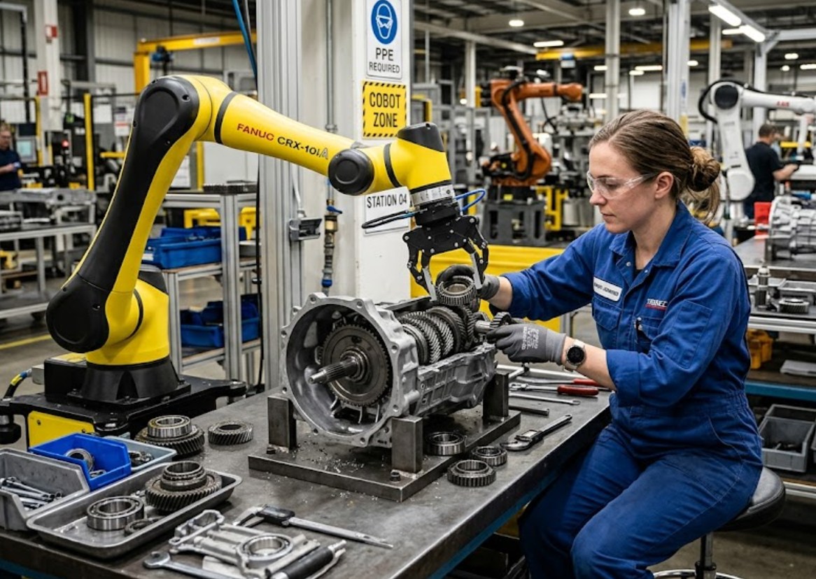 Woman technician assembling a gearbox with robotic arm assistance in a factory workshop.