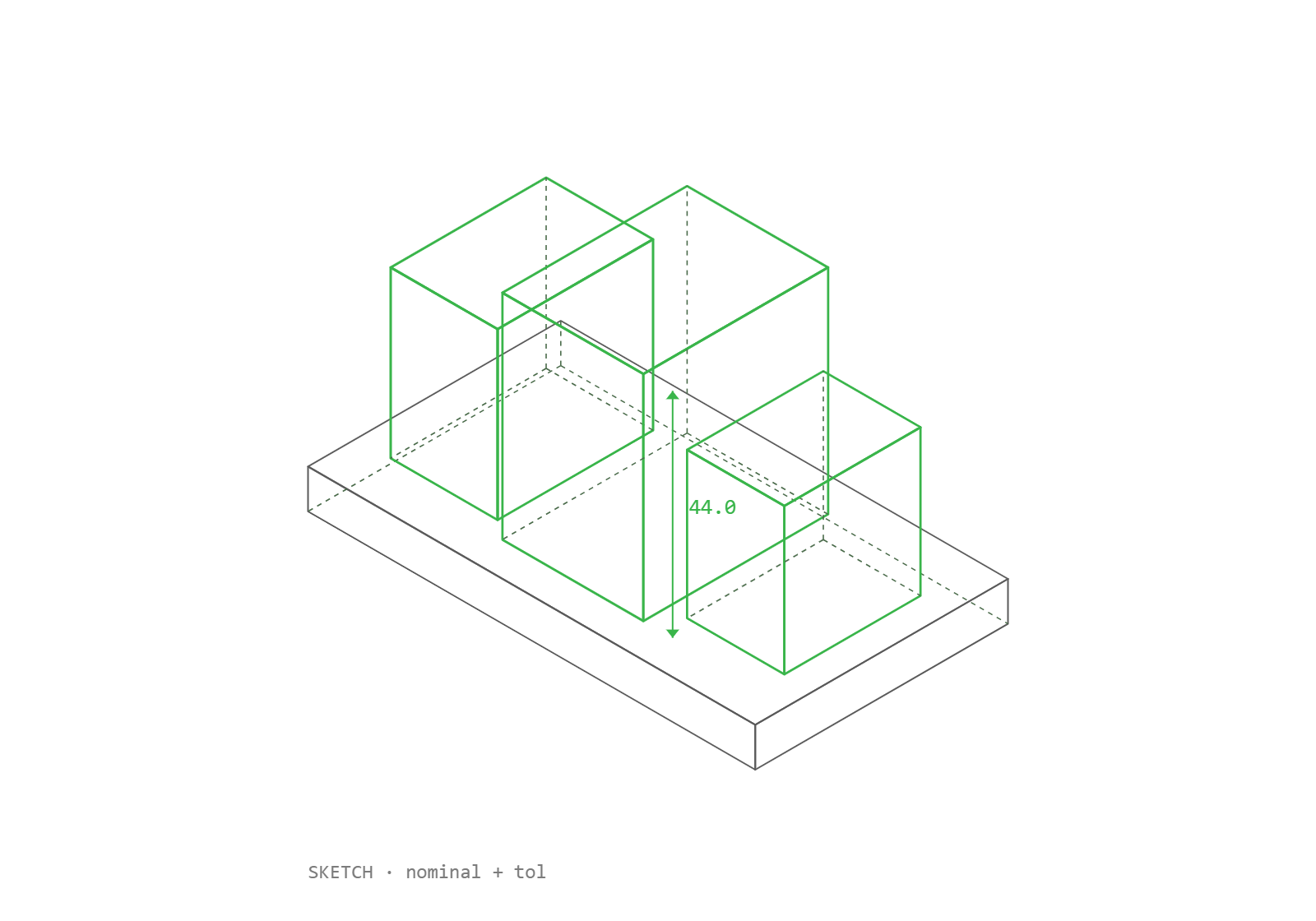 Isometric sketch showing three wireframe cubes on a base, with a 44.0 height dimension in green.