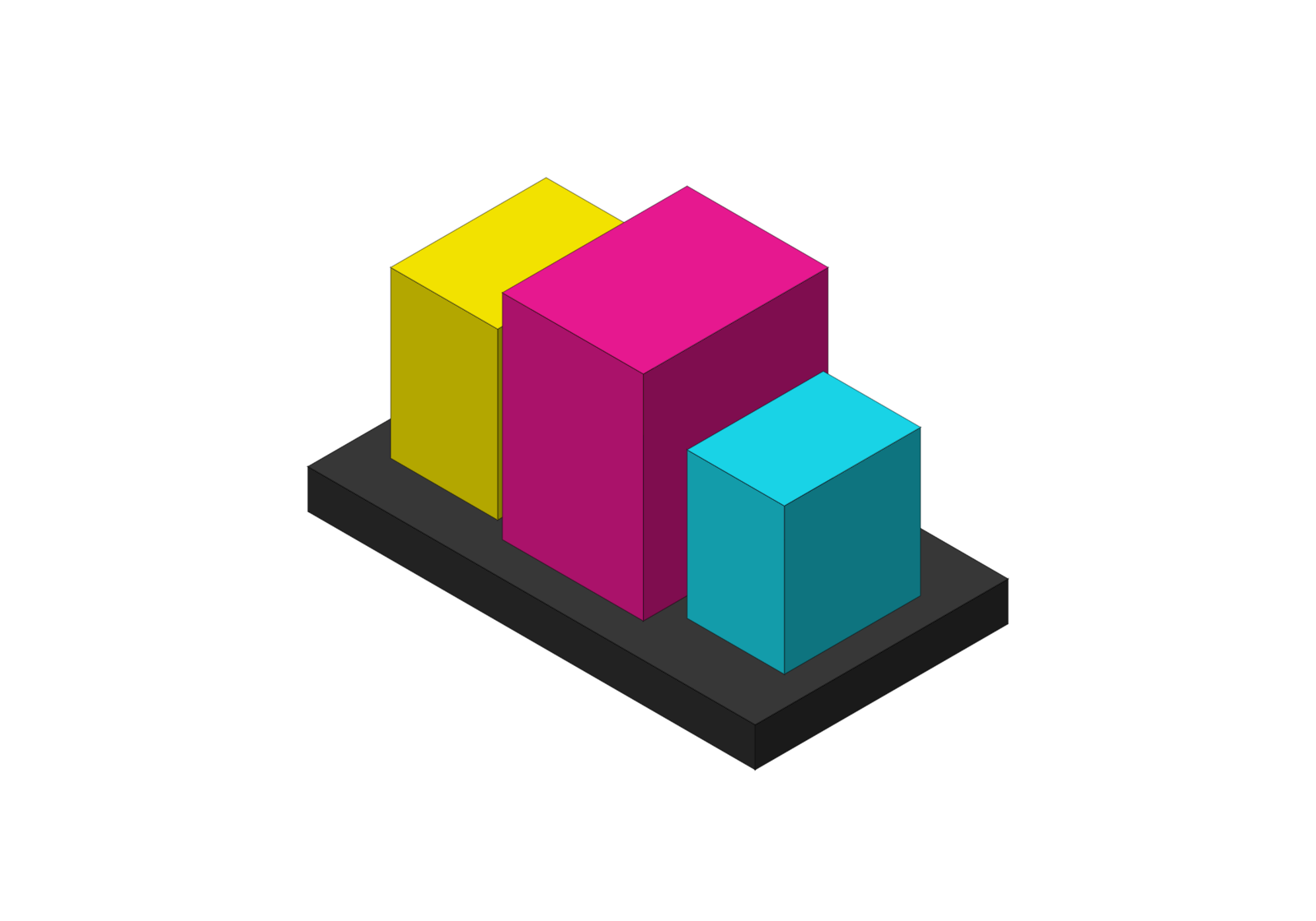 3D model of three differently sized colored cubes on a rectangular black base.