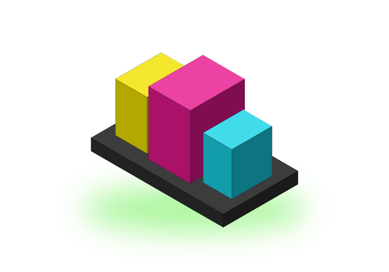 3D bar chart with yellow, magenta, and cyan bars on a black base over a green circular glow.