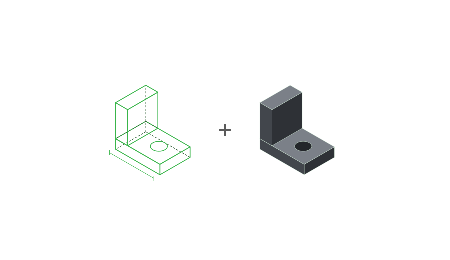 CAD wireframe and shaded 3D model of an L-shaped part with a circular hole in the base.