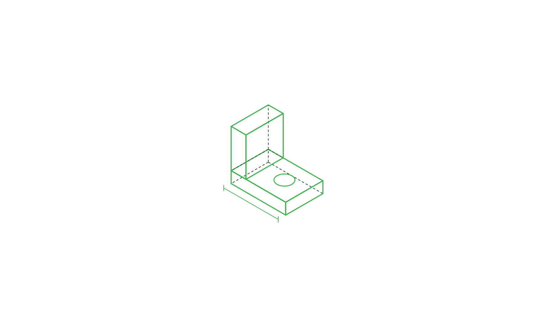 Green wireframe 3D sketch of a rectangular object with a vertical back panel and a circular hole.